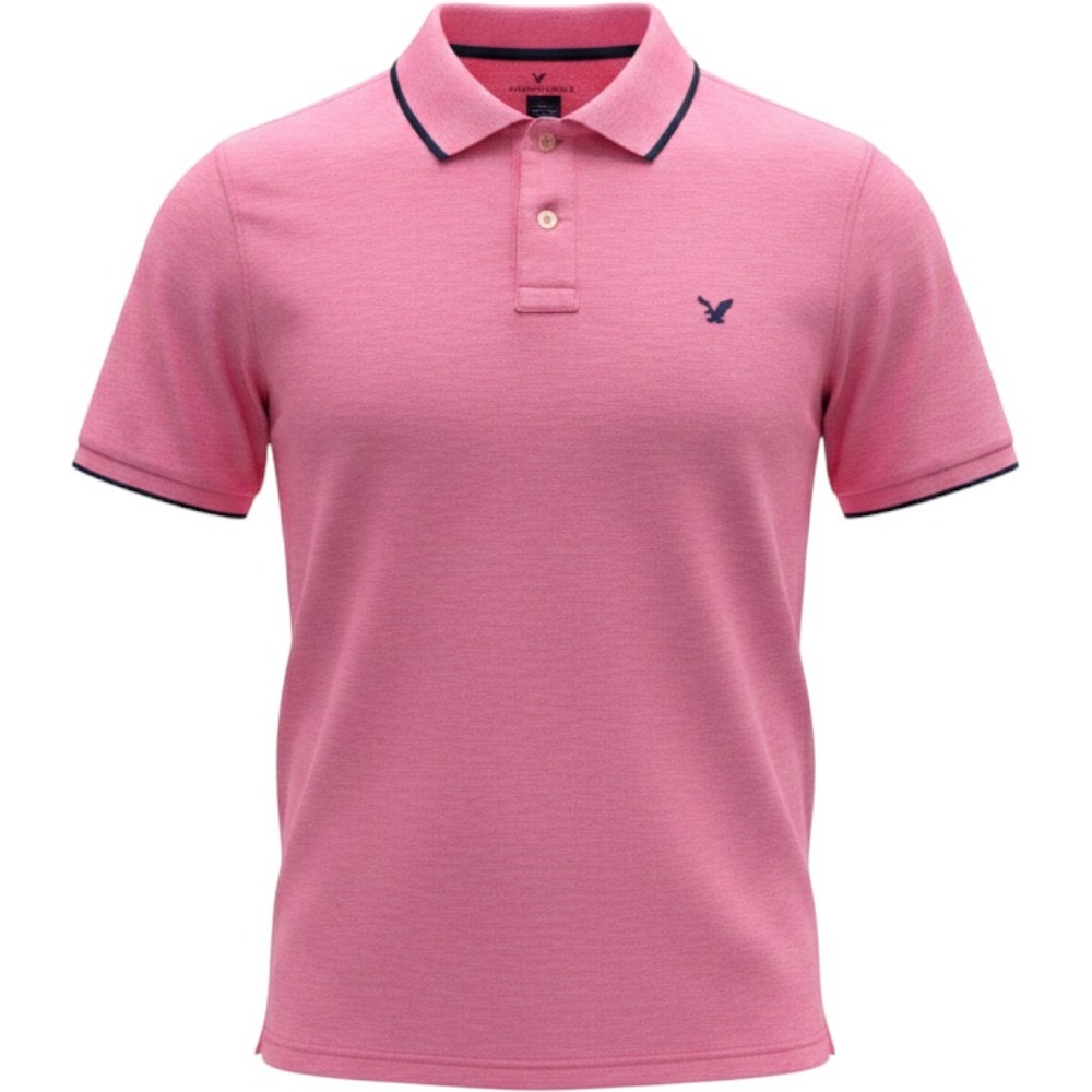 American Eagle Mens XXL Slim Fit Pink Slub Knit Polo Shirt Navy Trim SS EUC